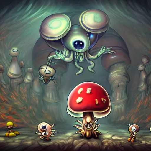 Image similar to beautiful painting of mushroom monster from maplestory in the style of Welder Wings and H. R. Giger. Dark background, detailed, trending on Artstation