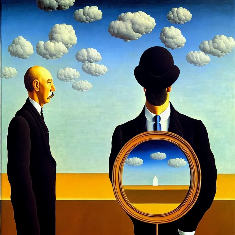 Prompt: a man looks into his own painting and sees nothing, by rene magritte and salvador dali, surreal, oil on canvas, hyper detailed