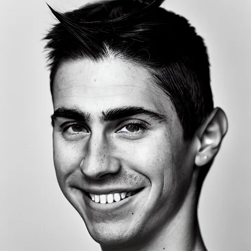 Image similar to photographic portrait by Annie Leibovitz of a young white male smiling with short brown hair that sticks up in the front, dark eyes, groomed eyebrows, tapered hairline, sharp jawline, wearing a purple white volleyball jersey, sigma 85mm f/1.4, 15mm, 35mm, 4k, high resolution, 4k, 8k, hd, full color