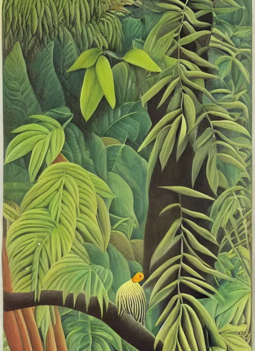 Prompt: rare bird in the jungle, highly detailed, style of henri rousseau