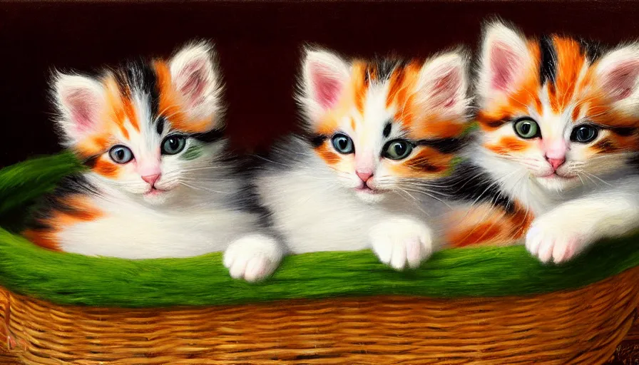 Prompt: highly detailed painting of cute furry calico kittens cuddled up in a basket by william turner, thick brush strokes and visible paint layers, 4 k resolution, red and green colour scheme