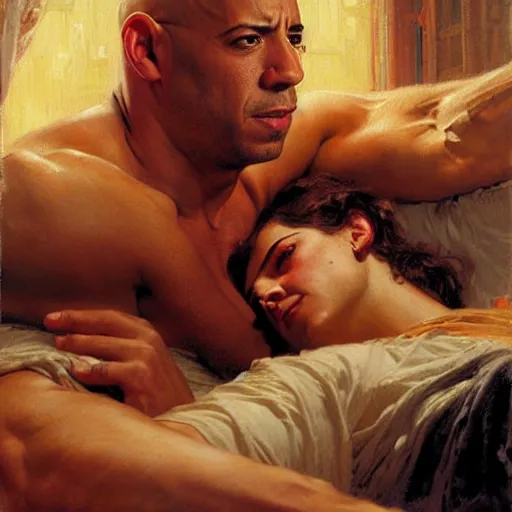 Image similar to vin diesel is in his bed, nervous and terrified, because a paul walker from hell is attacking him. highly detailed painting by gaston bussiere, j. c. leyendecker, greg rutkowski, craig mullins 8 k