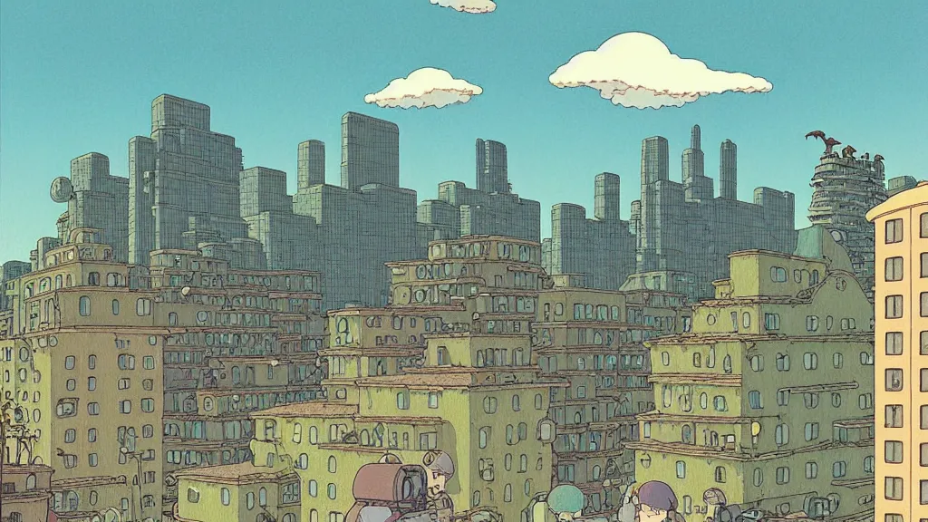 Prompt: Lofi downtown vibes by Mattias Adolfsson, downtown buildings in the foreground in studio ghibli style, little dinosaur creatures in the foreground by Vincent Di Fate, a mountain, the background is battle mountain