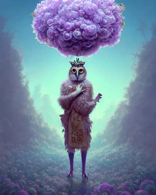 Image similar to anthropomorphic art of an owl king, wearing a crown, in a lilac royal jacket, by artgerm, victo ngai, ryohei hase, artstation, highly detailed digital painting, smooth, global illumination, fantasy art by greg rutkowsky, karl spitzweg, leyendecker