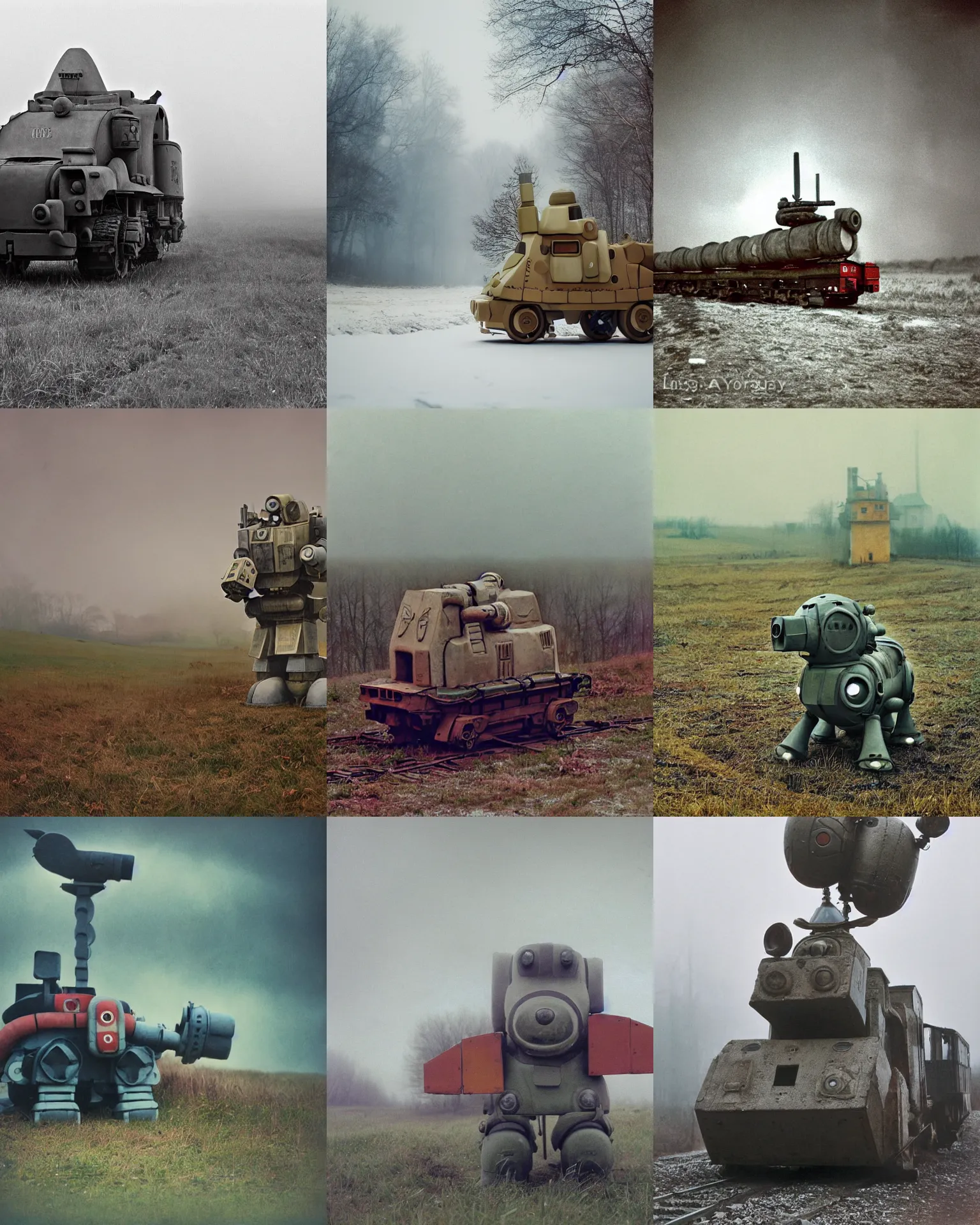 Prompt: giant oversized chubby bulky armored train puppy dog robot mech, with big ears, rocket launcher , on a village , Cinematic focus, agfa photo, vintage, neutral colors, soft lights, foggy, panorama by by Serov Valentin, by lisa yuskavage, by Andrei Tarkovsky