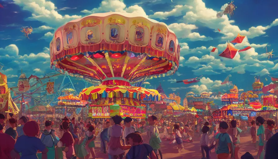 Image similar to A highly detailed matte painting of an old fashioned carnival with a bright shimmering sky by Studio Ghibli, Mokoto Shinkai, by Artgerm, by beeple, volumetric lighting, octane render, 4K resolution, trending on artstation, vivid colours