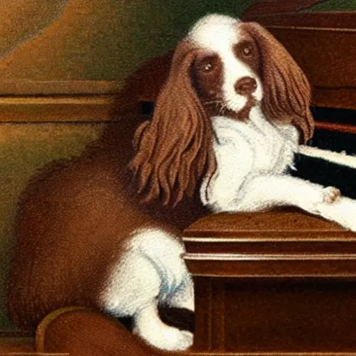 Prompt: a brown and white sprocker Spaniel playing a grand piano, pointillism, fine art