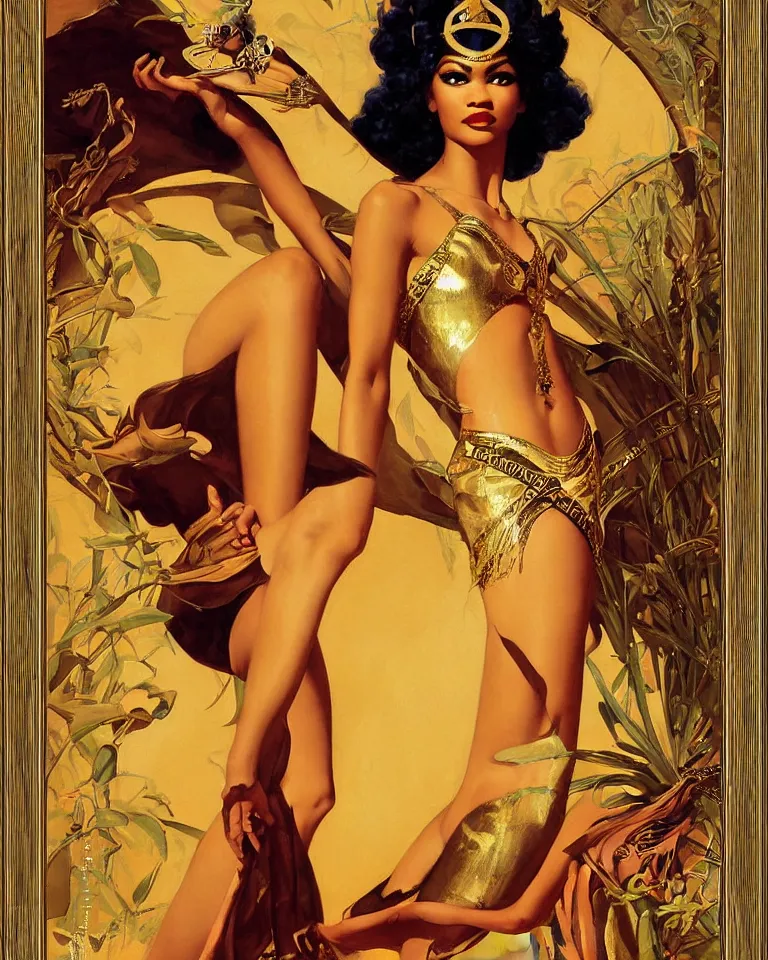 Image similar to zendaya as isis the Egyptian goddess, a beautiful art nouveau portrait by Gil elvgren, Nile river environment