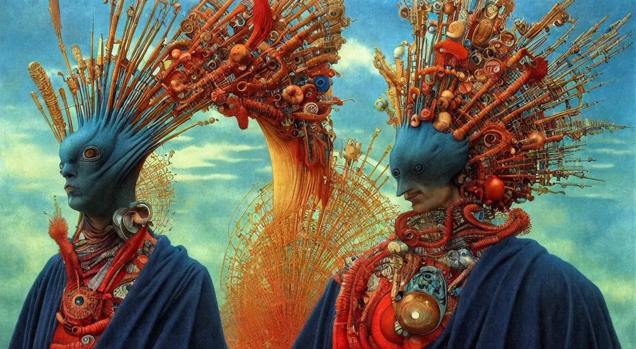 Image similar to realistic detailed portrait movie shot of a birdman wearing dark robes, sci fi city landscape background by denis villeneuve, amano, yves tanguy, alphonse mucha, ernst haeckel, max ernst, roger dean, masterpiece, rich moody colours, blue eyes, occult