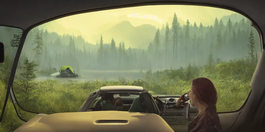 Image similar to looking out a car dash window to see two women camping, elegant scene, low angle, wide angle, indian forest, wide angle, cinematic, ultrarealistic, trending on artstation, cgsociety, highly detailed, color graded, rendered in unreal engine 4 k hq, matte painting, by simon stalenhag and hudson river school, horizon forbidden west