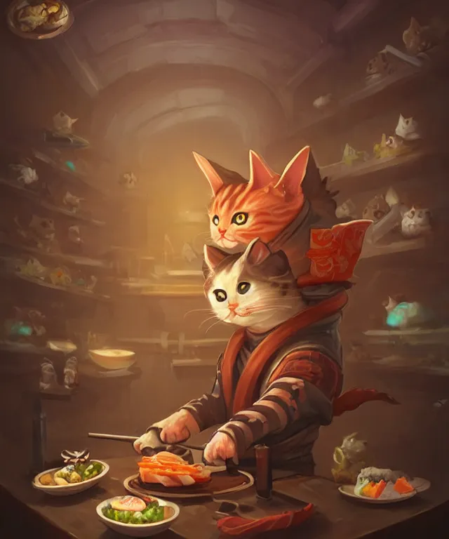 Image similar to a portrait of an anthropomorphic ninja cat eating sushi,, standing in a restaurant surrounded by mice!, cute and adorable, dnd character art portrait, well rendered matte fantasy painting, deviantart artstation, by jason felix by steve argyle by tyler jacobson by peter mohrbacher, cinematic lighting