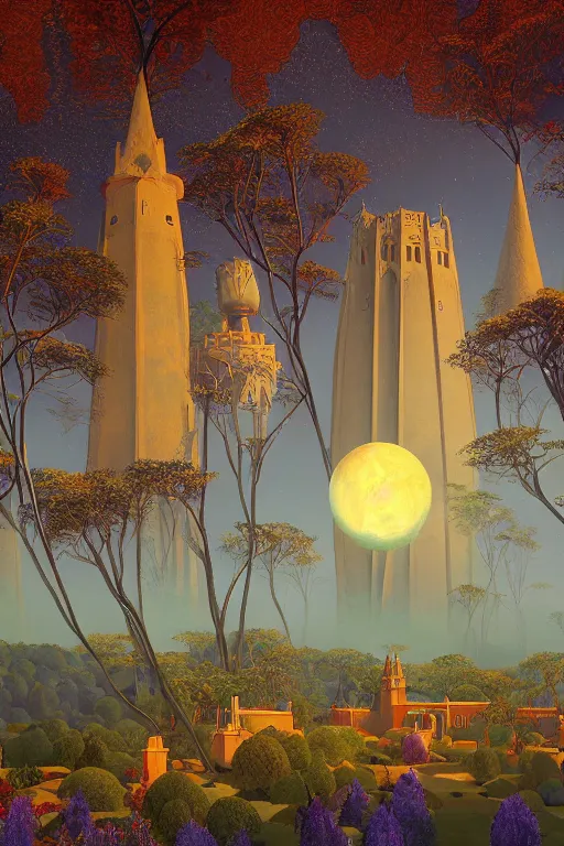 Image similar to distance view of the painted tower of the moon in its gardens fairytale illustration, tall windows, beautiful moorish tiles, dramatic cinematic lighting, rich colors, golden age illustration, by Sylvain Sarrailh and Nicholas Roerich and jean delville and Tyler Edlin and William Dyce and April Gornik ,unreal engine