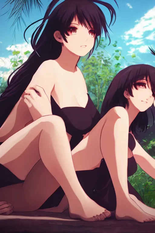 Image similar to two beautiful mothers sitting on a hot summer evening, gorgeous faces, thick lines, cinematic lighting, detailed anime art