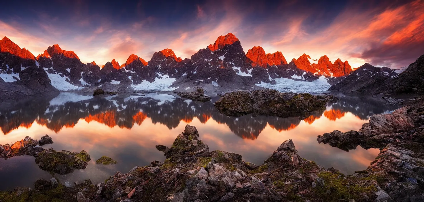 Image similar to amazing landscape photo of mountains with lake in sunset by marc adamus, beautiful dramatic lighting