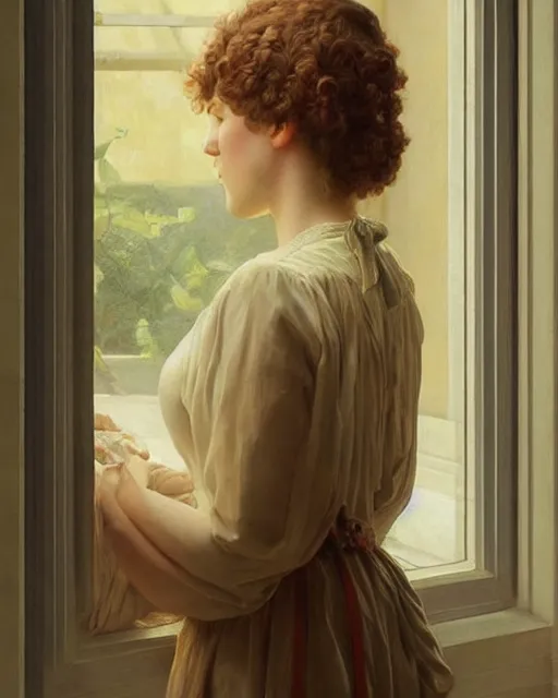 Image similar to a girl watching through a window, oil on canvas, artstation, by j. c. leyendecker and edmund blair leighton and charlie bowater, beautiful face, octane, very aesthetic!!!!!!!!!!!!!!!