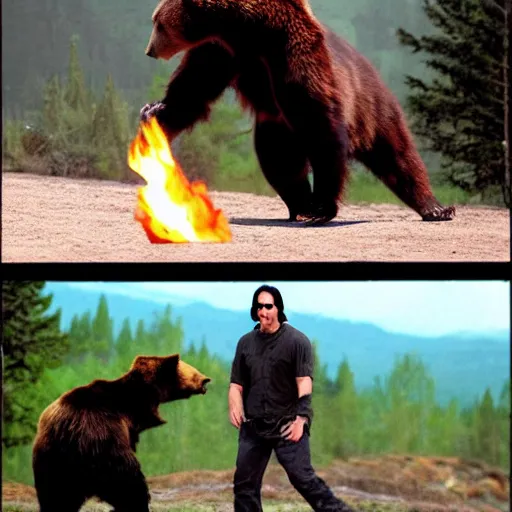 Prompt: Keanu reeves fighting a bear that's on fire