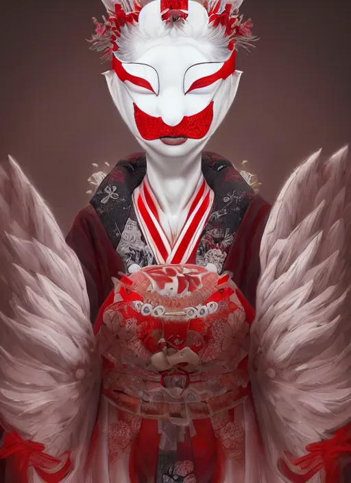 Prompt: albino maiko with a kitsune mask, fluent composition, red and white neon, concept art, ambient light, 4 k, intricate details, highly professionally detailed, cgsociety, highly detailed -