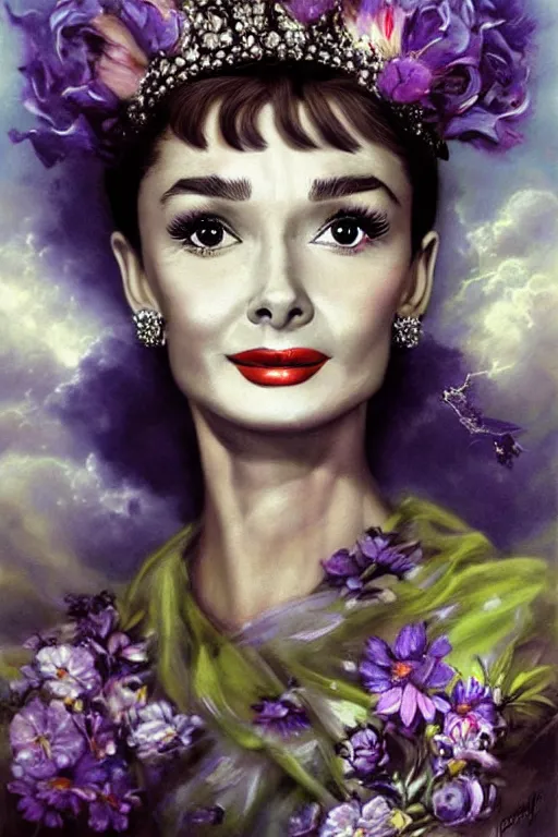 Image similar to closeup portrait fine art photo of the beauty audrey hepburn, she has a crown of stunning flowers and dress of purple satin and gemstones, background full of stormy clouds, by peter mohrbacher