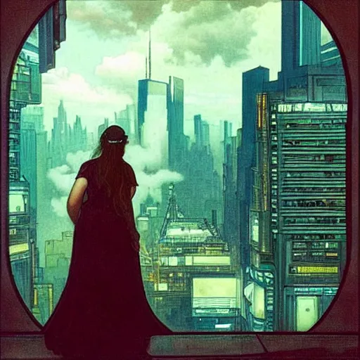 Image similar to “ a girl standing on a ledge looking down at a futuristic new york city below, cyberpunk, ghostpunk, storm clouds, very detailed, by alphonse mucha ”