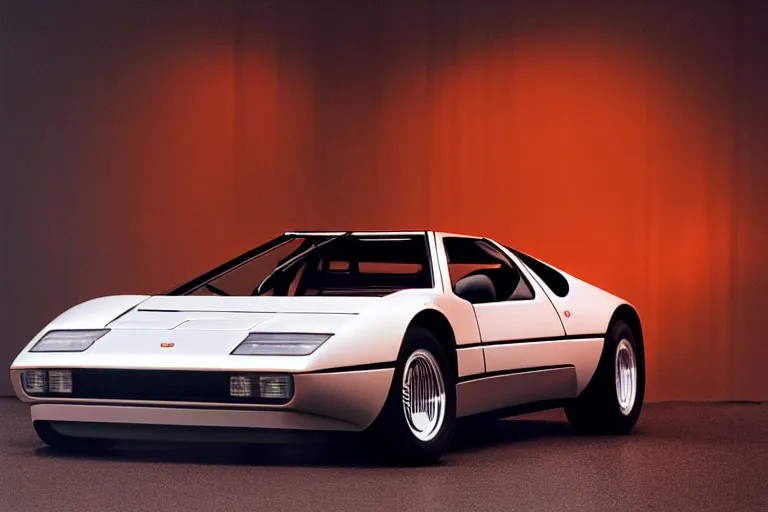 Image similar to designed by giorgetto giugiaro stylized poster of a single 1 9 8 9 miura citroen dm bmw m 1 ( ( mclaren f 1 ) ) delorean concept, thick neon lights, ektachrome photograph, volumetric lighting, f 8 aperture, cinematic eastman 5 3 8 4 film