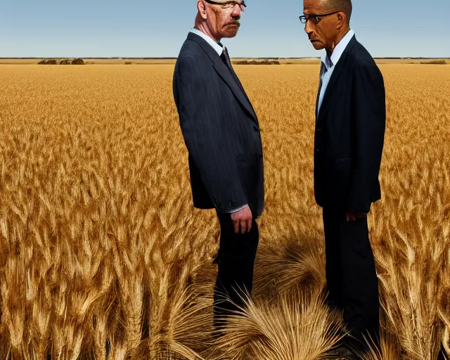 Prompt: extreme long shot of walter white and gustavo fring stand facing each other from a distance in a wheat field, low angle, side view, 8 5 mm photograph, 8 k resolution, wide shot, sharp lens