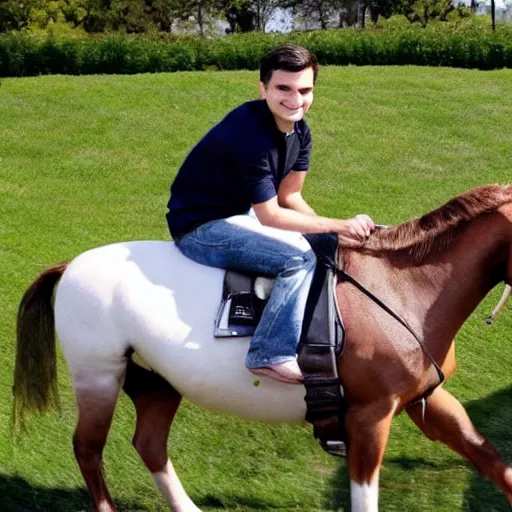 Prompt: ben shapiro riding on a miniature horse
