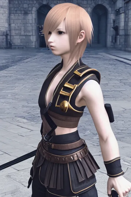 Image similar to a beautiful female guard from final fantasy shyly showing the no sign, symmetrical, cinematic, elegant, perfect light, real dlsr photography, sharp focus, 4 k, ultra hd, sense of awe