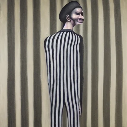 Prompt: a painting of a man wearing striped shirt, a surrealist painting by gertrude abercrombie. surrealism, dark, low contrast, featured on pixiv, precisionism, surrealist, art on instagram, detailed painting