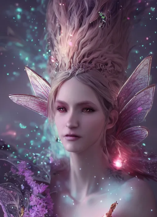 Prompt: beautiful beautiful full body portrait fairy faerie fey fae queen soft highly detailed CGsociety subtle enchanting alluring magical concept art volumetric lighting unreal engine octane render 4k