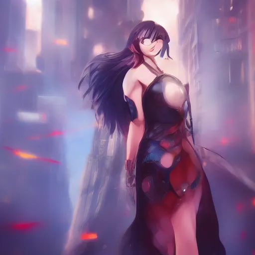 Image similar to A realistic anime painting of a beautiful female knight standing in a futuristic city. digital painting by Sakimichan, Makoto Shinkai, WLOP, Rossdraws, Pixivs and , digital painting. trending on Pixiv. SFW version —H 1080 —W 1920