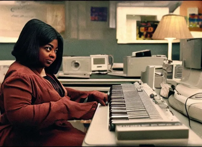 Image similar to cinematic shot of octavia spencer in an small used electronics store hands on an old electronic keyboard, iconic scene from the paranoid thriller sci fi film directed by stanley kubrick, anamorphic cinematography, beautiful composition, color theory, leading lines, photorealistic, moody volumetric light