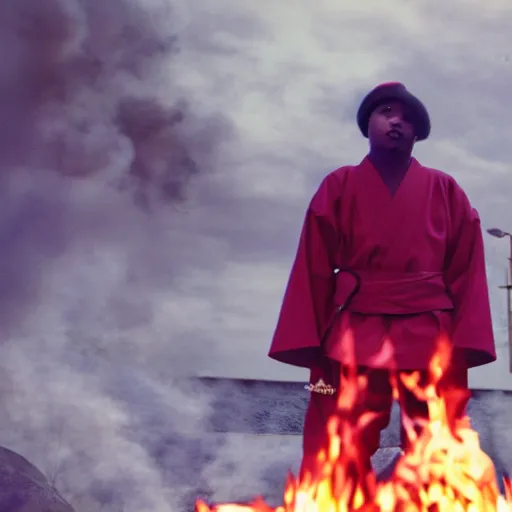 Image similar to cinematic film still of rapper JID starring as a Japanese Sensei with fire, Japanese CGI, VFX, 2003, 40mm lens, shallow depth of field, film photography