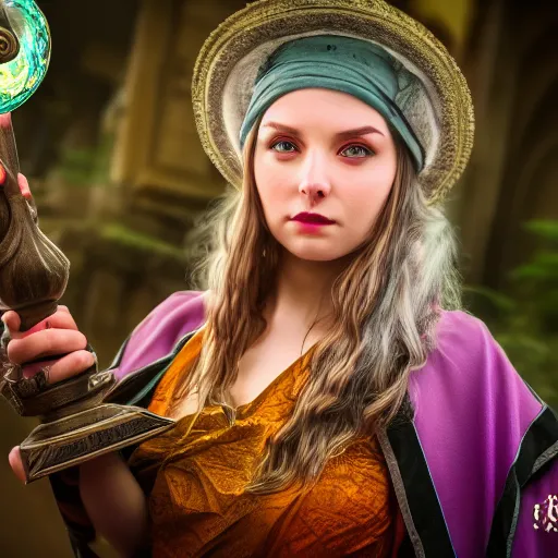 Prompt: beautiful female mage is impressed while looking at the camera , comedy , fantasy, D&D, HDR, natural lighting , award winning photograph, 8k, Mucha style,