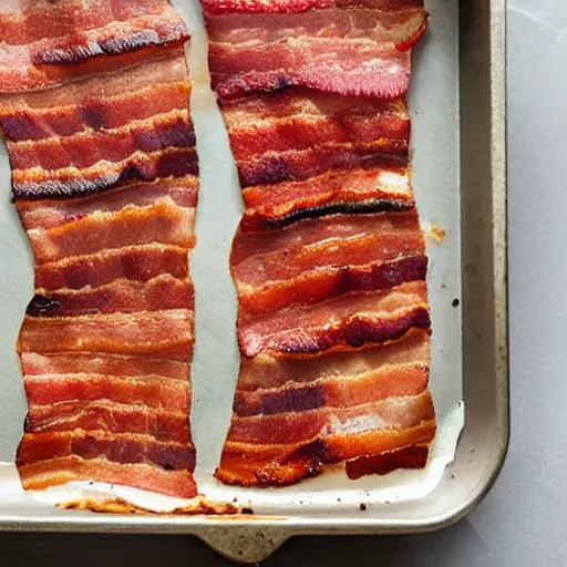 Prompt: bite sized bacon strips sizzling on a pan
