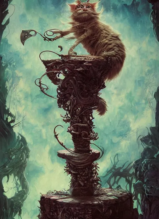 Image similar to cheshire cat the magician tarot card, highly detailed, cinematic, 8 k, by stanley artgermm, tom bagshaw, greg rutkowski, carne griffiths, ayami kojima, beksinski, giger, trending on deviantart, hyper detailed, horror, full of colour