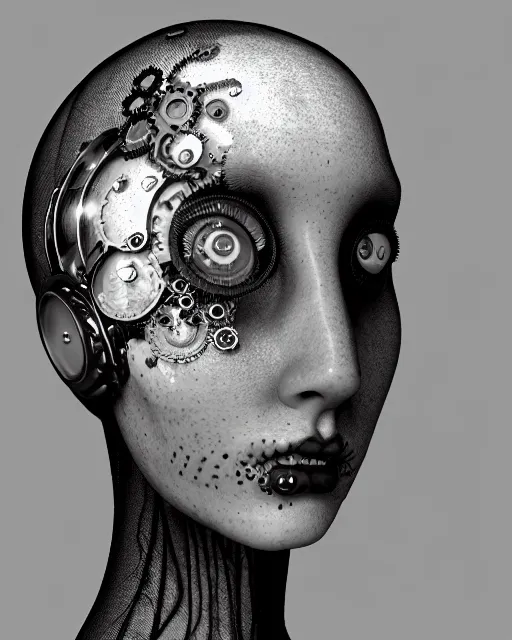 Image similar to black and white dreamy foggy smoky profile face portrait, one silver steampunk realistic eye biomechanical beautiful young female cyclope - cyborg - robot bust, body ribs meshes,, volumetric light, hibiscus flowers, by hg giger, rim light, by dora maar and cecile beaton, big gothic fashion pearl embroidered collar, 8 k