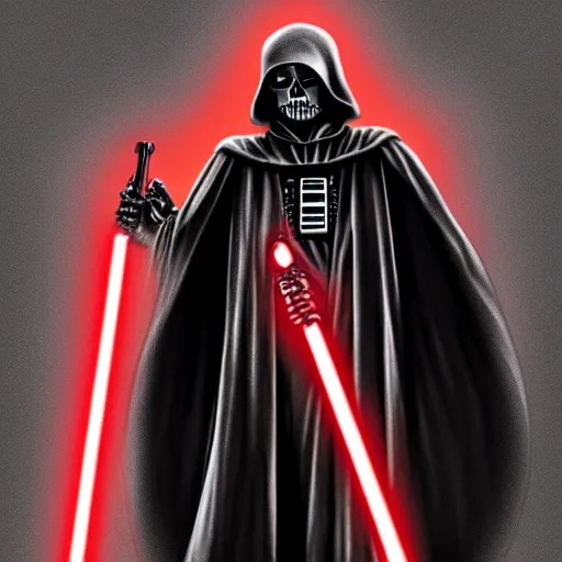 Image similar to a skeleton in a black cloak and with a red lightsaber