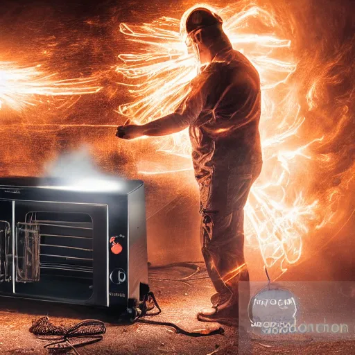 Image similar to cyborg toaster oven repairman, dark messy smoke - filled cluttered workshop, dark, dramatic lighting, orange tint, sparks, plasma rays, cinematic, highly detailed, sci - fi, futuristic, movie still, rule of thirds composition