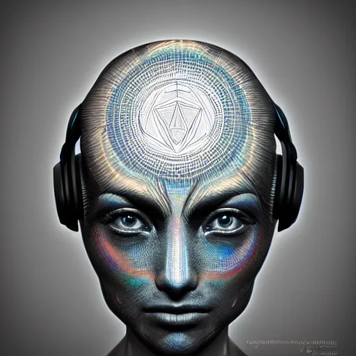 Image similar to holographic headset interface painted in alex grey and cameron gray style drawn by oku, inspired by ooioo, intricate 3 d sculpture, black and white, 3 d, high detail, sharp high detail, artstation, octane