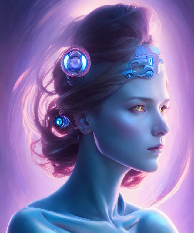 Image similar to Beautiful female android portrait, sci-fi, glowing blue eyes, face, blue and pink exoskeleton, fantasy, intricate, elegant, highly detailed, digital painting, artstation, concept art, smooth, sharp focus, illustration, art by artgerm and greg rutkowski and alphonse mucha