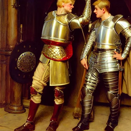 Image similar to attractive fully clothed arthur pendragon confesses his love for his attractive fully clothed male knight. highly detailed painting by gaston bussiere and j. c. leyendecker 8 k