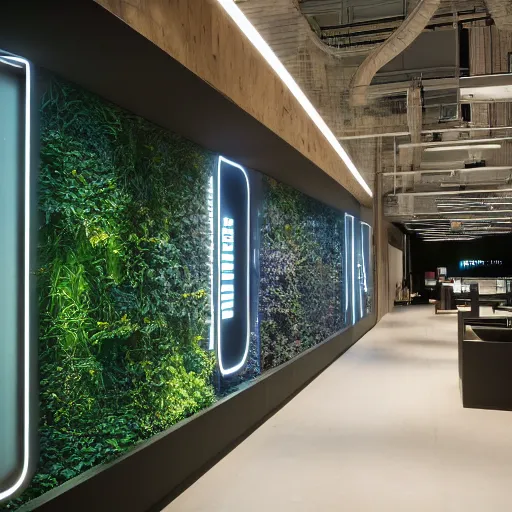 Prompt: interior photography of a Microsoft Samsung flagship store, black walls, textures, wood, features, eye-catching, polished concrete, spotlights, verdant plants green wall, water feature, award winning interior design, patterns, retaildesignblog, dezeen, 14mm, 8k, cinestill, pentax, film