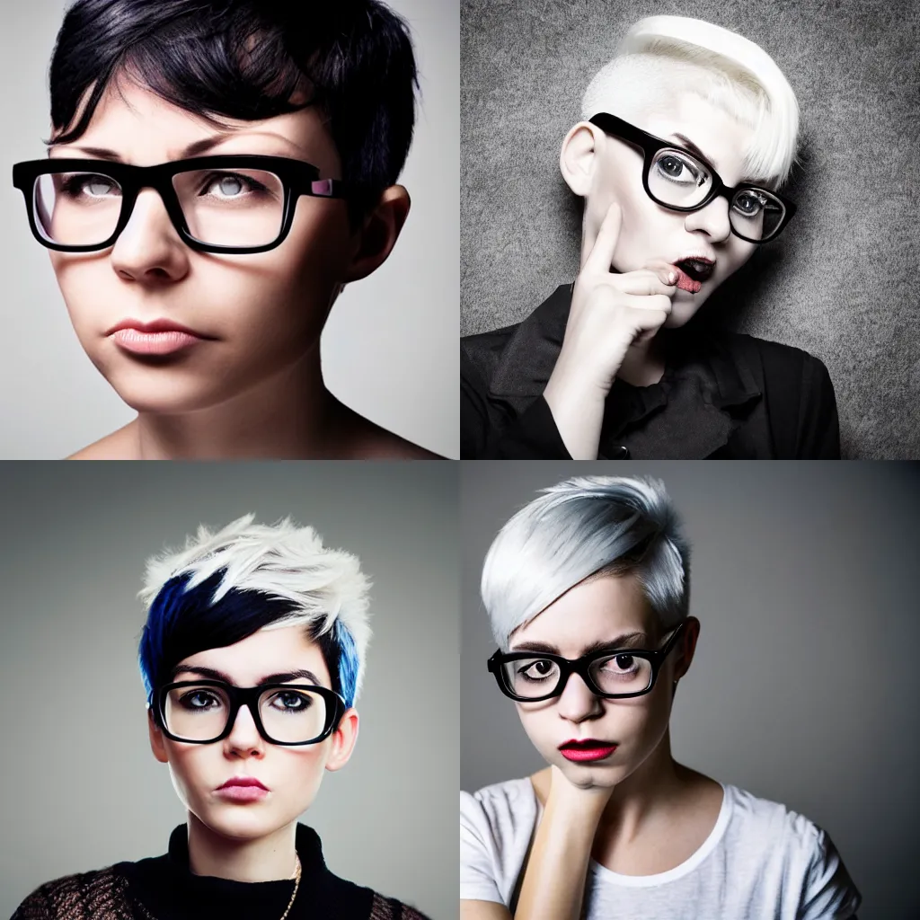 Prompt: girl with short white hair. black horn rimmed glasses. apathetic expression.