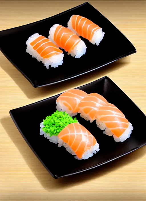 Image similar to clear photorealistic picture of simple cute cat paws pads made from sushi rice, sitting on sushi plates with garnish