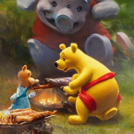 Prompt: close up of winnie the pooh cooking a whole hog roast over a fire, cinematographic shot, by daniel f. gerhartz