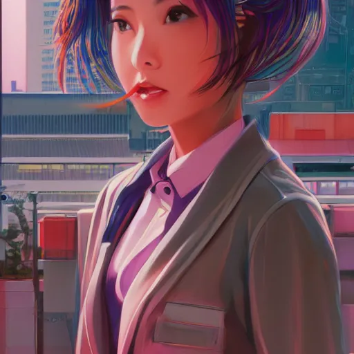 Image similar to 1 9 8 0 s japanese girl in a city pop city, hyper detailed, 8 k, trending, in artstation, digital painting, studio quality, cryengine, character design, smooth, sharp focus