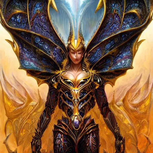 Image similar to a beautiful symmetrical muscular full body wearing a dragon armor with wings made of golden ornaments and gems, by alex gray and android jones , Karol Bak, Ayami Kojima, Amano , concept art, character design, fantasy,3D, 8k resolution