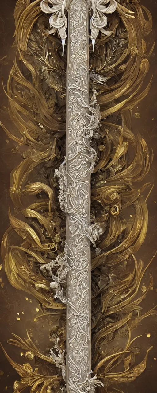 Image similar to beautiful fantasy giant sword carved with decorative ornament, acanthus scrolls, lilies, ivy, energy, geometry, bones, petals, stems, ceremonial clouds, dripping paint, fibonacci rhythm, artstation, artgerm, wlop, symmetric ornaments