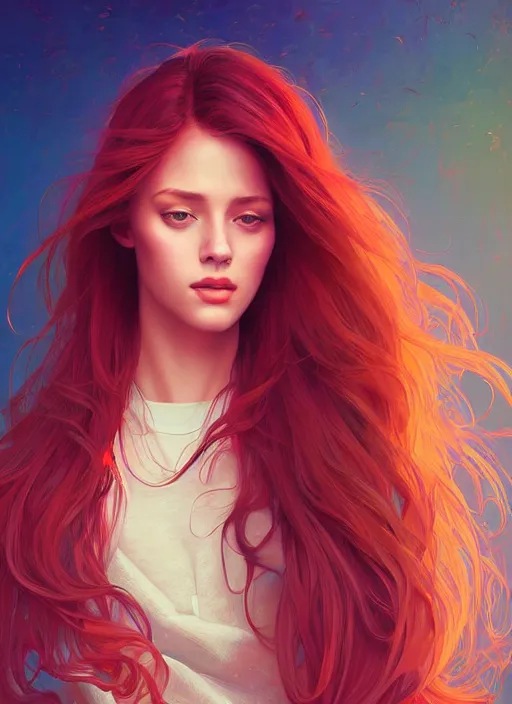 Image similar to handsome young women with shoulder length red hair, half body shot, path traced, highly detailed, high quality, digital painting, alena aenami, lilia alvarado, shinji aramaki, karol bak, alphonse mucha, tom bagshaw