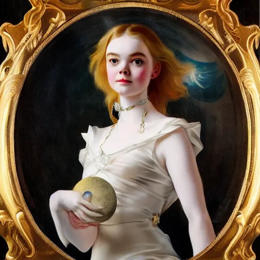 Image similar to Elle Fanning holding the moon, artstation, by J. C. Leyendecker and Peter Paul Rubens,